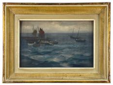 ALFRED JOSEPH WARNE-BROWNE RSO (British, 1855-1915) oil on board - unloading fishing boats at sea,