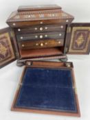 19TH CENTURY ROSEWOOD JEWELLERY, WRITING & WORK BOX COMPENDIUM, mother of pearl inlay, the blind