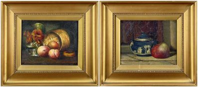 EARLY 20TH CENTURY ENGLISH SCHOOL oils on canvas, pair - still life studies of jasperware lidded