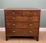 EARLY 19TH CENTURY MAHOGANY CHEST, fitted 2 short & 3 long cockbeaded drawers, bracket feet, 108w