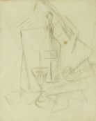 AFTER JEAN METZINGER, pencil drawing - still life glass bottle and pipe, unsigned, 21 x