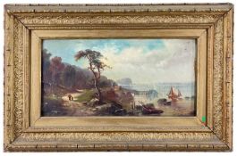 19TH CENTURY ENGLISH SCHOOL oil on canvas - figures walking on path alongside moored boats with view