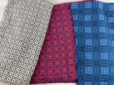 THREE LENGTHS OF WELSH GEOMETRIC PATTERNED TAPESTRY FABRIC, 1. blue and green peacock coloured,