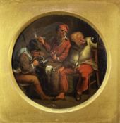 MANNER OF DAVID TENIERS, oil on metal - three seated males in a tavern, unsigned, tondo