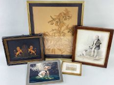 FIVE VARIOUS PICTURES, including oil on panel of Armorial Crest of pair of rampant lions and