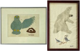 AGNES NANOGAK GOOSE (Canadian Inuk, 1925-2001) print in colours - Snowy owl & and groundhog,
