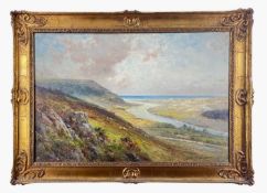 PARKER HAGARTY (1859-1934) oil on canvas - river landscape under clouds with grazing sheep,