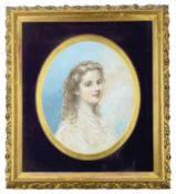 19TH CENTURY BRITISH SCHOOL, pastel - portrait of a young girl in white lace dress, oval 36cm h