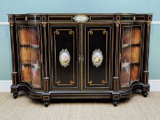 LATE 19TH CENTURY EBONISED WALNUT, PORCELAIN & GILT METAL CREDENZA, of serpentine outline, applied