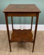 EDWARDIAN PAINTED MAHOGANY WORK TABLE, hinged top with inlaid chequer border, painted with musical
