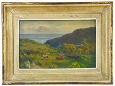 ALFRED JOSEPH WARNE-BROWN RSO (British, 1855-1915) oil on board - cattle grazing in pasture with a