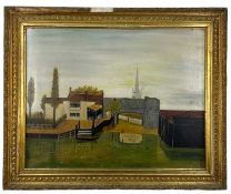 ENGLISH PRIMITIVE SCHOOL oil on board - view of Pulls Ferry, Norwich, with postcards of the view