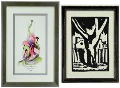 TWO PICTURES: comprising EMMA BOSSONS, watercolour - Moorcroft 'Demeter' pattern pottery design,