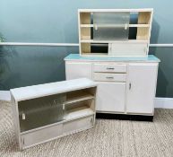 THREE VINTAGE 1960s KITCHEN CABINETS, comprising pair of glazed wall cabinets and Formica topped