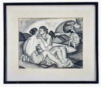 EARLY 20TH CENTURY FRENCH SCHOOL pencil drawing - The Embrace, seated lovers kissing, mount