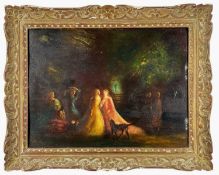 MANNER OF ADOLPHE MONTICELLI, oil on board - female figures dancing and singing in a garden at night