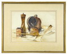 SIGNED WITH MONOGRAM G. B? watercolour - still life of salt pig, pepper grinder, spoon, 32 x