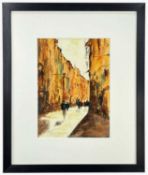 LADY MONJULEE WEBB watercolour - street scene with figures, Washington Gallery label verso, signed