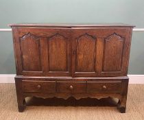 18TH CENTURY JOINED OAK MULE CHEST, later converted to a cupboard, with plank top above fielded