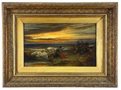 FREDERICK WEEKES (1833-1920) oil on board - fallen rider trying to keep hounds at bay with hand gun,