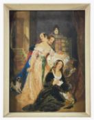 19TH CENTURY ENGLISH SCHOOL watercolour - Victorian parlour scene with figures and a dog,