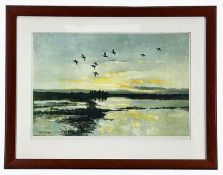 SIR PETER SCOTT CH, CBE, DSC & Bar (British, 1909-1989) coloured print - ducks flying over a lake,