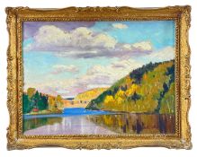 LEONARD AMOS A.O.C.A. (Canadian, 1903-1999) oil on canvas laid to board - 'Autumn Reflections,