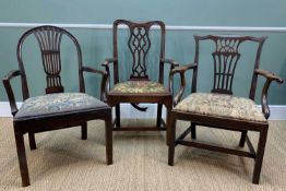 THREE GEORGIAN OR GEORGIAN-STYLE DINING ARMCHAIRS, including one with floral grows-point seat,
