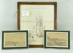 THREE FRAMED & GLAZED DRAWINGS, comprising an architect's drawing of the proposed Tower of St. John,