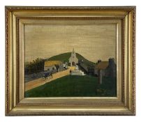 WILLIAM KILLEY (Primitive School) oil on canvas - village scene with church, horse and cart and
