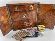 19TH CENTURY BURR WALNUT TABLE CABINET, top with blank brass cartouche, sides with flush handles,