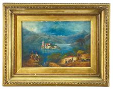MANNER OF WILLIAM LEIGHTON LEITCH, oil on board - Adriatic coastal scene with figures and island and