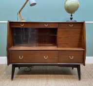 MID CENTURY G-PLAN SIDEBOARD, fitted with cutlery drawer, sliding glass cupboard and napery drawers,