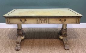 WILLIAM IV PAINTED MAHOGANY LIBRARY TABLE, fitted two frieze drawers on twin column supports with