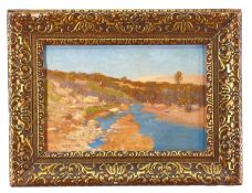 TOM ROBERTSON ROI RBA RI (Scottish, 1850-1947) oil on board - entitled verso 'On the River, El