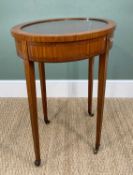 EDWARDIAN SATINWOOD & ROSEWOOD CROSS-BANDED OVAL BIJOUTERIE TABLE, bevelled glazed top above felt