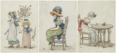 KATE GREENAWAY (1846-1901) three watercolours - Girl writing at a table, Girl & infant with flower