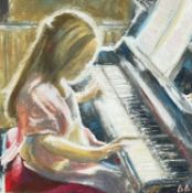 DAI DAVID oil on paper - young girl playing piano, signed, 19 x 19cmsComments: framed and glazed, no
