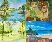 PARCEL OF FOUR PAINTINGS includingMORWENNA JONES acrylic on paper stamped on canvas - entitled '