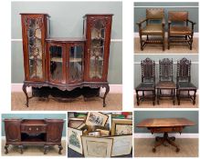 CHARITY LOT: EDWARDIAN MAHOGANY CHINA CABINET, three sections, four doors, bow-front and carved, 122