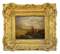 19TH CENTURY BRITISH SCHOOL oil on panel - Rock pooling, three children with nets, 19 x