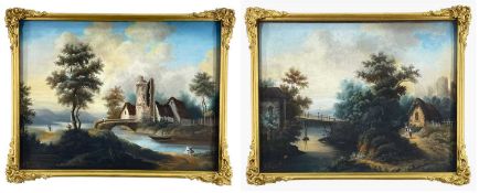 19TH CENTURY FRENCH SCHOOL pastel laid on canvas - Pastoral landscape with thatched cottage, and a