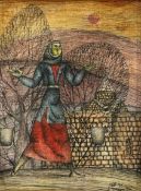 20TH CENTURY EASTERN EUROPEAN SCHOOL mixed media on board - female water carrier, signed (