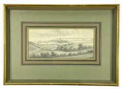 19TH CENTURY DUTCH SCHOOL pencil drawing - view from high ground across harbour with sailboats,