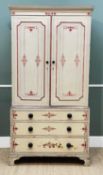 19TH CENTURY LATER PAINTED PINE LINEN PRESS with panelled doors, three slides on chest base raised