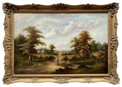 T. MILLAR oil on canvas - rural landscape figures fishing in a millpond, hayricks in the distance,