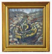 EARLY 20TH CENTURY BRITISH SCHOOL oil on board - WWI trench scene with British soldiers resting,