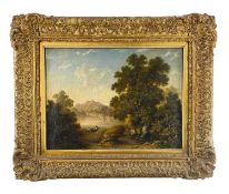 19TH CENTURY BRITISH SCHOOL oil on canvas - The Campfire, landscape with figure in a boat on a lake,