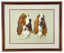 GRAHAM ISOM (British, b. 1945) watercolour with body colour - portrait of two Bassett Hounds,