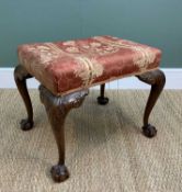 GEORGIAN-STYLE CARVED MAHOGANY DRESSING STOOL, rectangular padded seat above four acanthus leaf